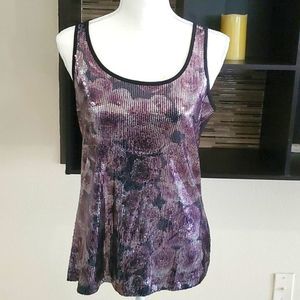 Madison Black & Purple Rose Floral Sequined Goth Party Nightout Tank Top M